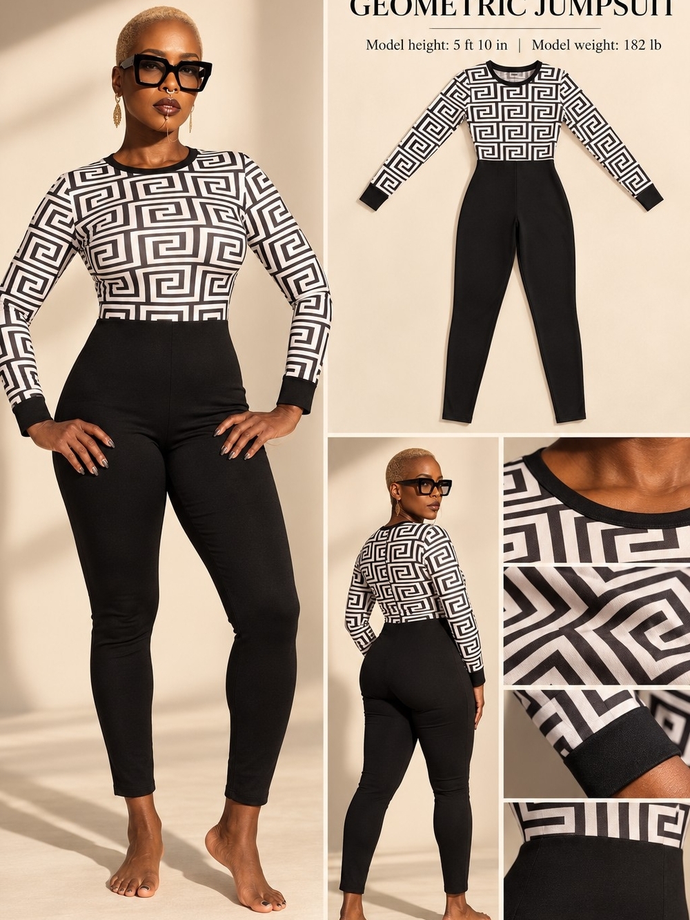 Black & White Greek Key Print Long-Sleeve Fitted Jumpsuit